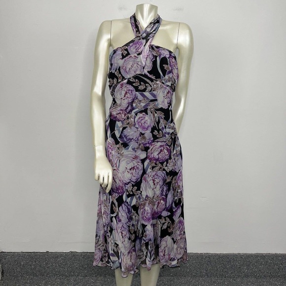 Diane Von Furstenberg Silk Dress Black/purple Floral Halter Open Back Sz 8 - Picture 2 of 11